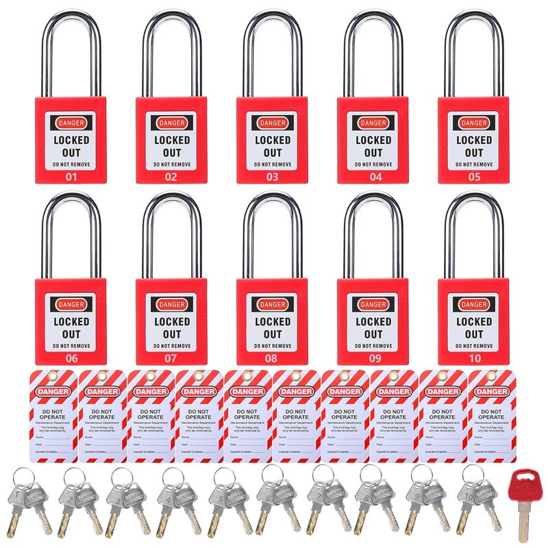 Allucky Lockout Tagout Locks, 10pcs Safety Locks Keyed Differently(Come with 1pcs Master Key) & 10pcs Lockout Tagout Tags, Lock Out Tag Out Padlocks Set, 2 Keys Per Lock(No.1-10) - Image 1